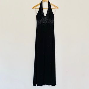 Beaded Black Halter Maxi Prom Dress